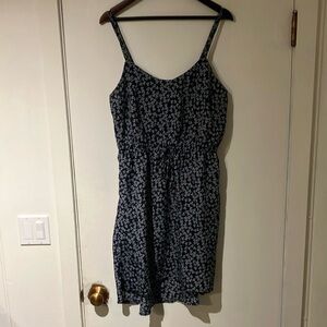 navy and white flowers spaghetti strap dress tall size l large elastic tie waist
